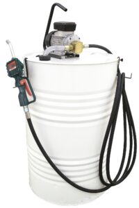 Gespasa KDE-200 elektrisk overføringssett montert på et 200-liters fat, designet for effektiv og presis overføring av smøremidler.
