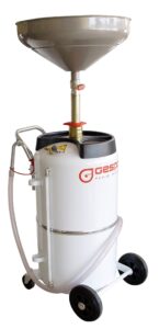 Gespasa RA-90 oljeresirkulator med 90-liters kapasitet, justerbar trakt og lufttilkobling for effektiv tømming, designet for bruk under kjøretøyløftere eller i servicegraver.​