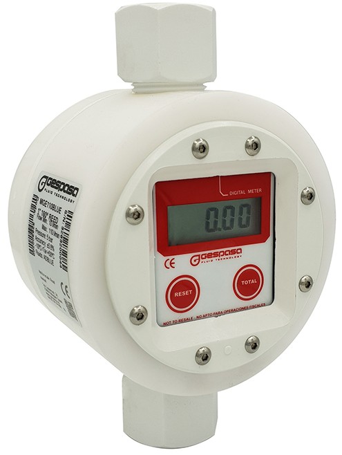 Gespasa MGE-110BLUE elektronisk måler med høy presisjon ovalhjulsmekanisme, LCD-display og F1" BSP tilkoblinger, designet for nøyaktig måling av AdBlue/DEF med en flytrate på 10–110 l/min.