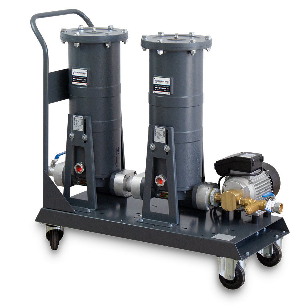 Gespasa FG300x2 mobil filtreringsenhet med to-trinns filtrering (3 µm og 15 µm), utstyrt med EA-88 0,37 kW 230 VAC tannhjulspumpe, differensialmanometre og manuelle dreneringsventiler, designet for effektiv fjerning av vann og urenheter fra smøremidler.