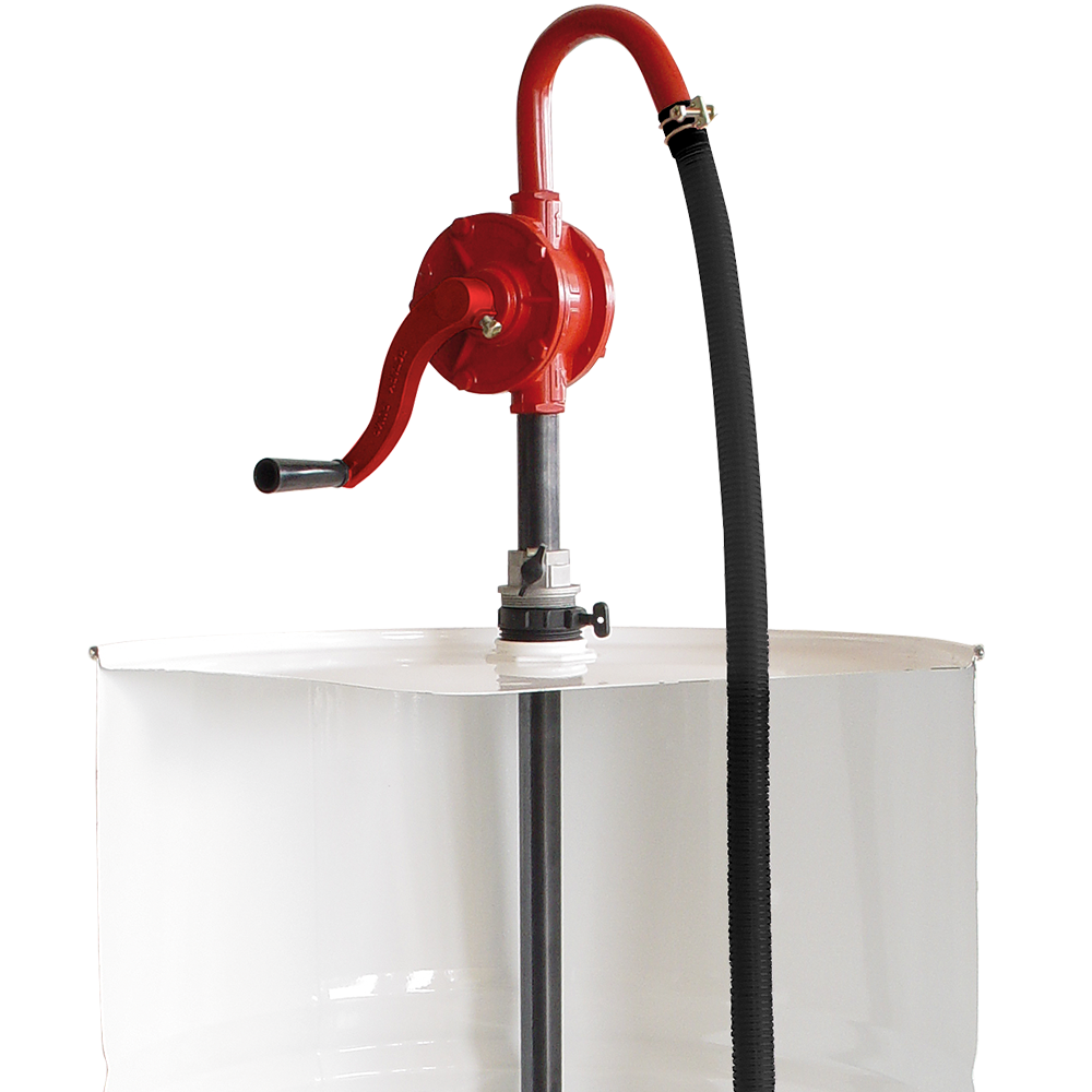 Gespasa BRM-88 manuell selvansugende rotasjonspumpe med justerbar M2" adapter og teleskopisk sugeledning, tilpasset 50- til 200-liters fat, for effektiv overføring av diesel og smøremidler.