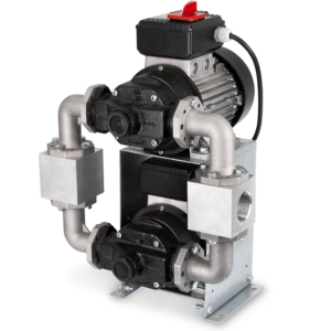 Gespasa MONSTERPUMP-200 230 VAC selvansugende pumpe med eksentriske selvjusterende blader, dobbelt 1 kW motorer, IP-55 beskyttelse og en kapasitet på 200 liter per minutt, designet for effektiv overføring av diesel i industrielle applikasjoner.