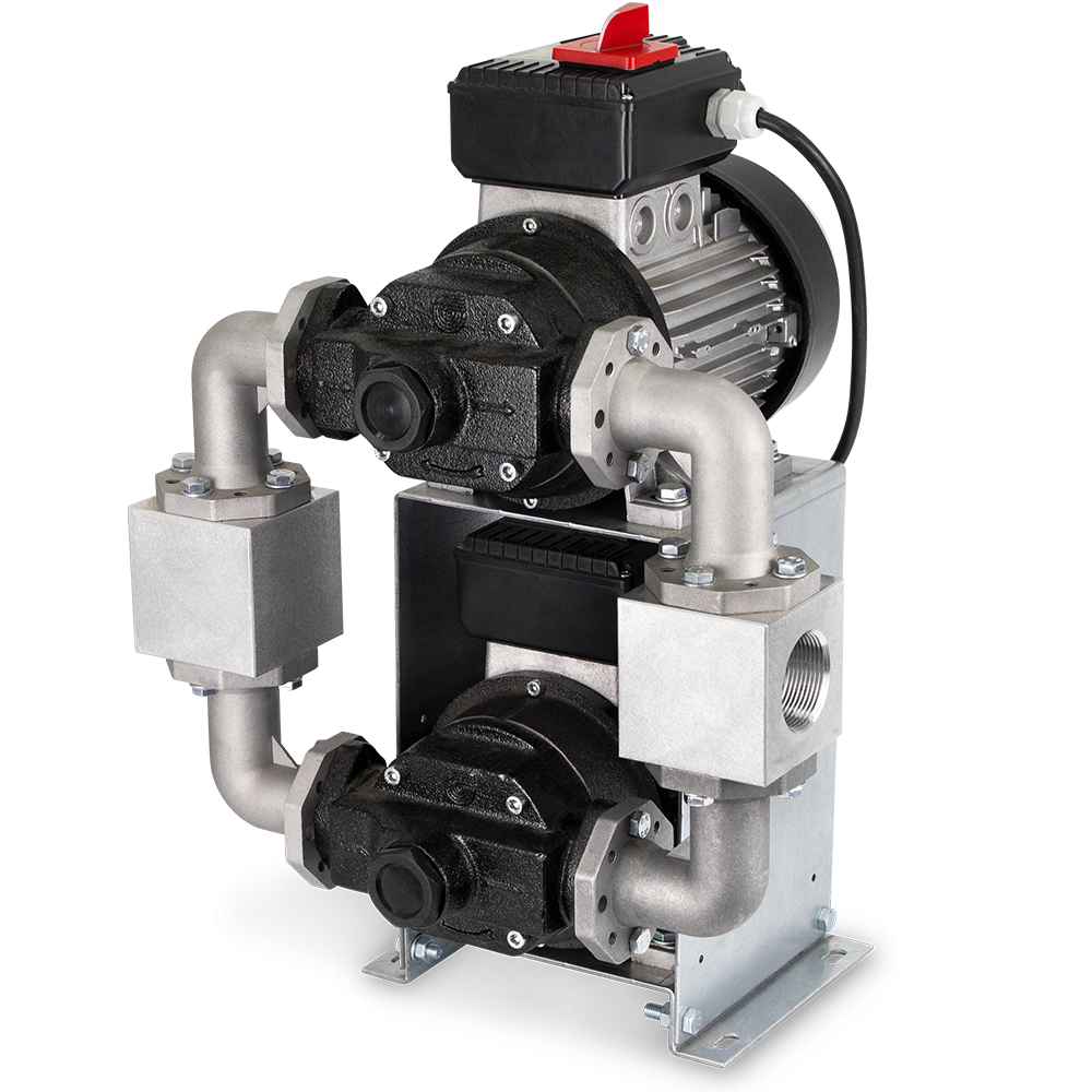 Gespasa MONSTERPUMP-200 230 VAC selvansugende pumpe med eksentriske selvjusterende blader, dobbelt 1 kW motorer, IP-55 beskyttelse og en kapasitet på 200 liter per minutt, designet for effektiv overføring av diesel i industrielle applikasjoner.